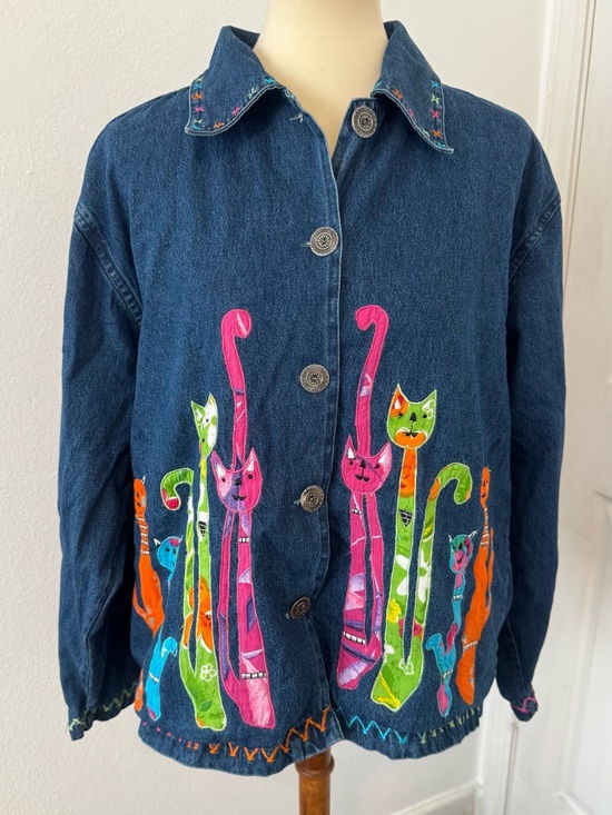 Lifestyle Jackets & Blazers - Life Style Denim Jacket Embroidered Whimsical Cat Artsy Kitschy Funky Large